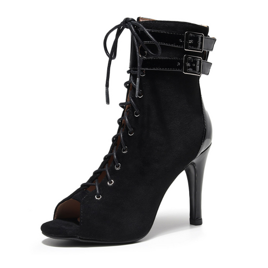 DOUBLE STRAP BLACK HEELS BOOTS
