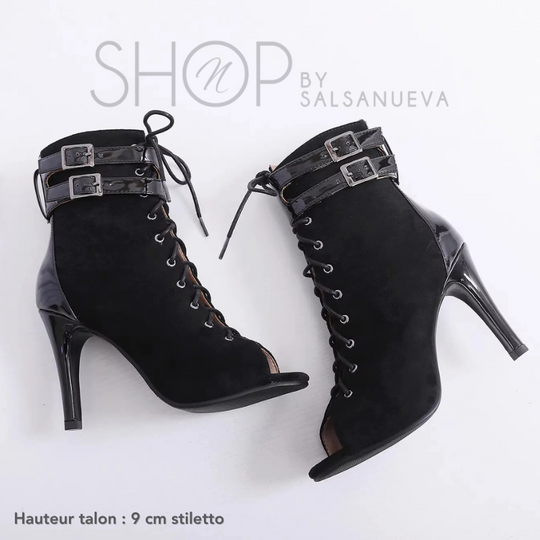 DOUBLE STRAP BLACK HEELS BOOTS